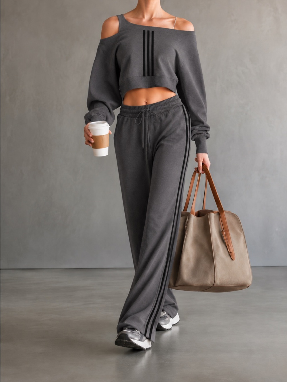 Modesees Women's Charcoal Wide-Leg Lounge Pants and cropped off the Shoulder Top